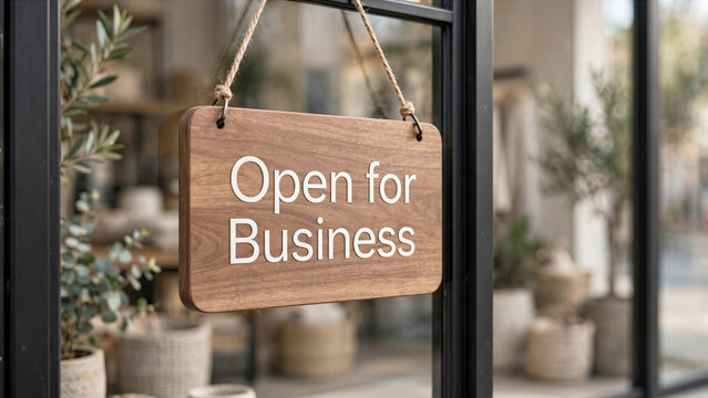 Focus on stylish aesthetic wooden sign reading Open for Business hanging on glass entrance door of local retail shop