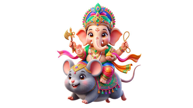 Cute cartoon lord ganesha riding a mouse isolated on transparent background