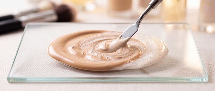 Mixing foundation shades on glass palette with spatula, beauty makeup product formulation for skin tone