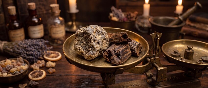 Raw ambergris stone and oud agarwood chunks rest on antique brass balance scales in vintage apothecary workshop surrounded by bottles