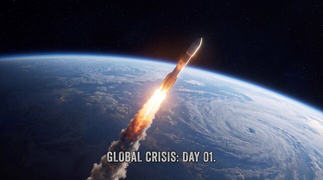 Rocket launching into space above earth with a hurricane visible with leaving fiery trail above planet Earth rocket ascends starry expanse space