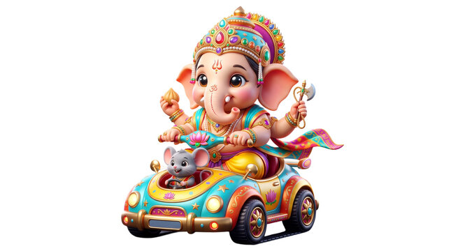 Cute baby lord ganesha driving a colorful car isolated on transparent background