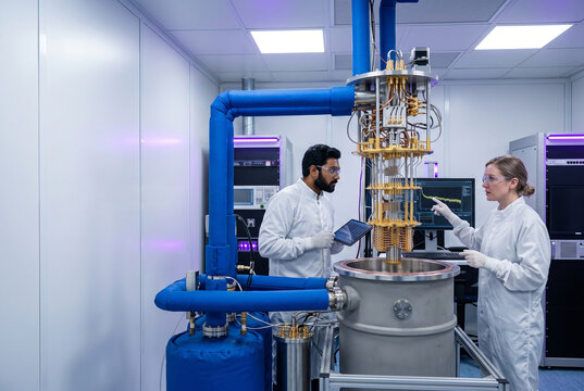 Scientists working with quantum computer hardware in a high-tech laboratory research facility.