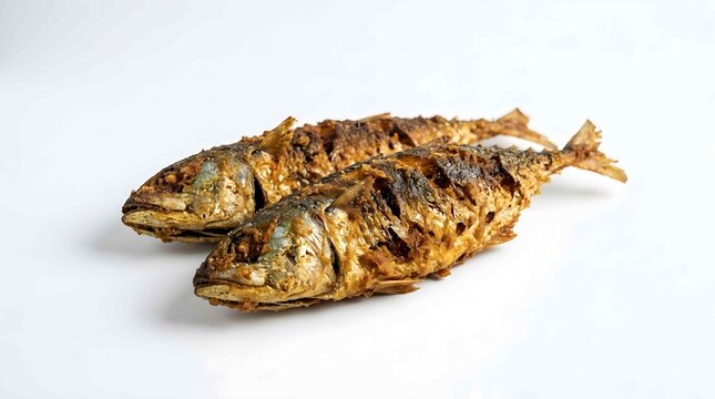 Two crispy fried mackerel fish isolated on clean white background