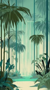 Lush tropical forest scene with a waterfall.