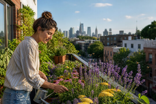 Woman Caring for a Pollinator-Friendly Balcony Garden with Lavender and Native Flowers While Bees Visit Above a Busy City Street