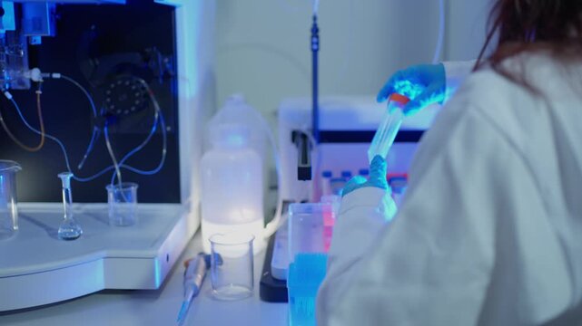 Female scientist conducting chromatography analysis in a research laboratory