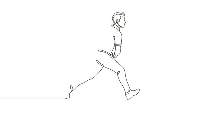 Continuous line art animation of a young man running fast in a dynamic sports action pose.