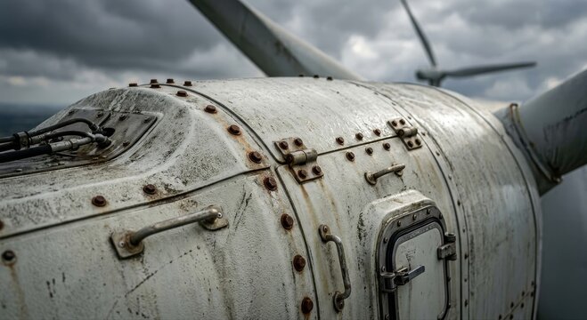 Close up view of the textured and weathered metal fuselage of an aged airplane against a cloudy sky
