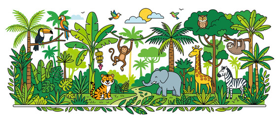 Naklejka premium Jungle Animals and Lush Vegetation Cartoon Illustration