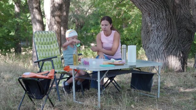 Woman and small boy arranging food and drinks on folding picnic table beneath sprawling oak tree in sun-dappled park clearing, with camping chairs, coolers, grass, and relaxed family time