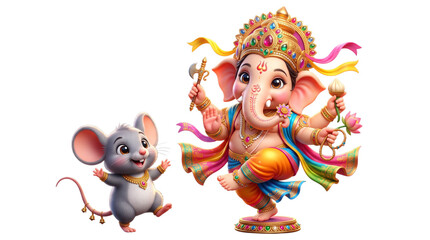 Fototapeta premium Cute baby ganesha dancing with mouse isolated on transparent background