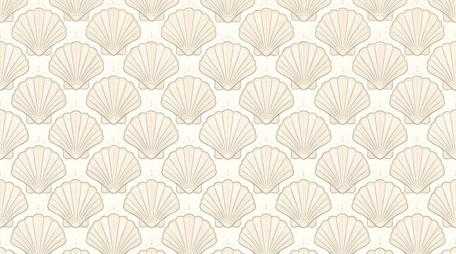 Flat illustrated fan scallop pattern in soft cream and taupe linework with delicate dotted accents on light background for textile print suitable for print on demand and apparel design