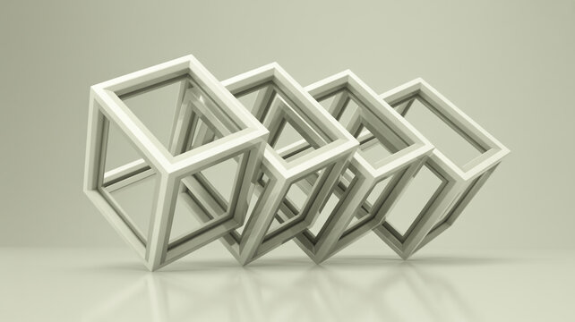 Abstract white geometric impossible cube structures arranged in a repeating three dimensional optical illusion