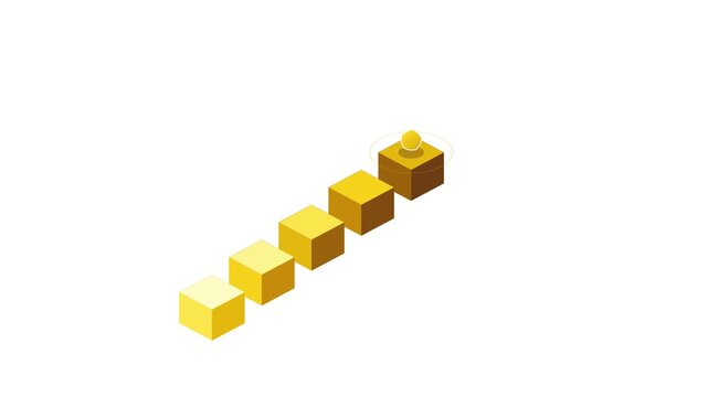 A golden sphere bounces across a row of gradient cubes in isometric view