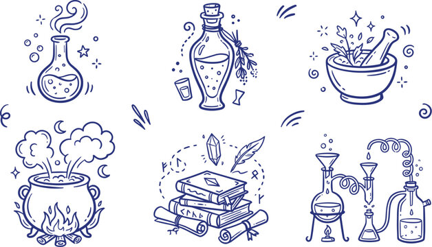 cute magic and alchemy hand drawn doodle set with potion bottles cauldron and spellbooks