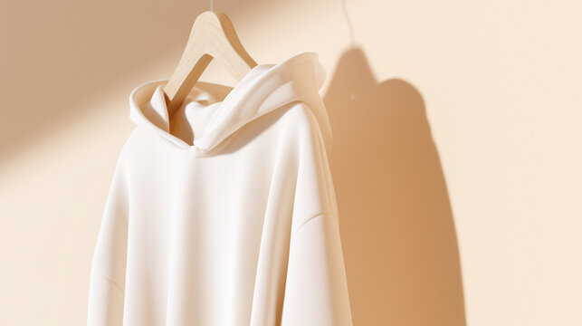 Minimalist Neutral Beige Hoodie Mockup Displayed on a Wooden Hanger for Apparel Brand Fashion