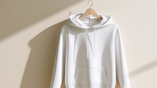 Minimalist White Hoodie Mockup Featuring Soft Natural Sunlight Shadows on a Neutral Backdrop