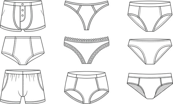 Set of men and women underwear icons including boxers briefs thong and panties line art vector