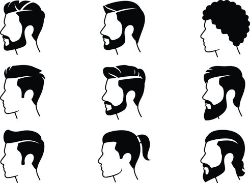 Set of men hairstyles and beards side view silhouettes featuring trendy hipster haircut styles vector