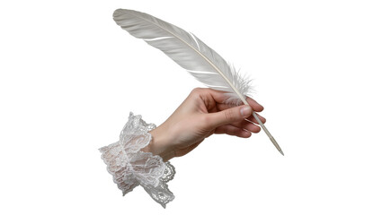 Delicate white feather quill held by a hand with ornate lace cuff, isolated on transparent background © pixogram
