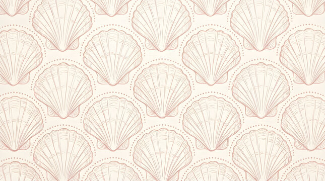Delicate hand drawn scallop shell pattern in soft blush linework with small dotted borders on light ivory backdrop for home textile design great for bedding linen and ceramic tile design