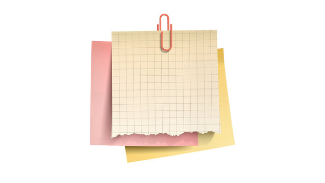 Stack of colorful sticky notes with a rose gold paperclip, isolated on transparent background