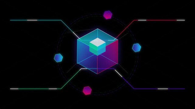 Abstract digital cube with glowing elements and data connections on a dark background.