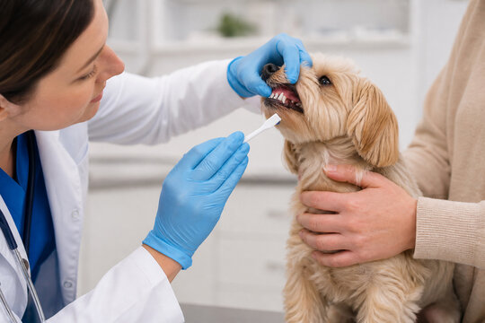 Veterinarian Demonstrating Gentle Dog Dental Care with a Pet Toothbrush During an Oral Health Examination Supported by the Owner