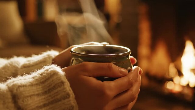 Hands holding herbal tea cup gentle steam rising cozy warm lighting