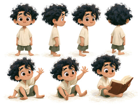Cute cartoon boy character sheet in poster color style with multiple poses including standing waving and reading a book on white background.