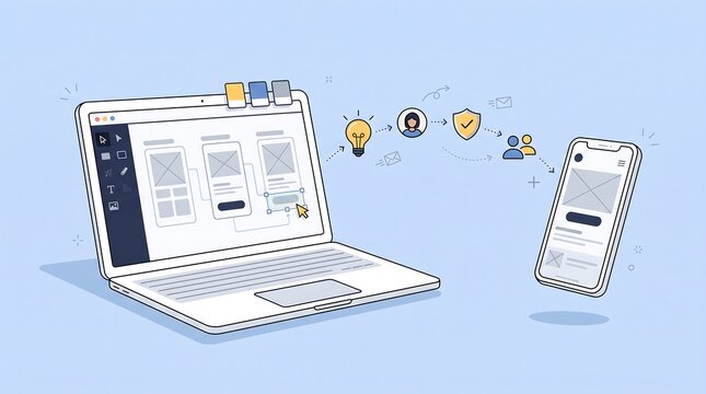 Modern ui ux design concept illustration with laptop showing website wireframes connected to mobile phone app interface and creative business development icon symbols.
