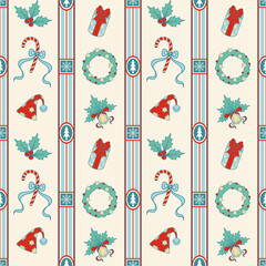 Vintage Christmas  seamless pattern with festive ornaments. Repeat striped wallpaper with wreath, candy cane, party hat, holly, bell and gift box. Season greetings background. © NATTHAPHORN