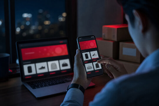Late Night Black Friday Mobile Shopping in a Modern Home Office with Smartphone Screen Glow, Laptop and Delivery Parcels