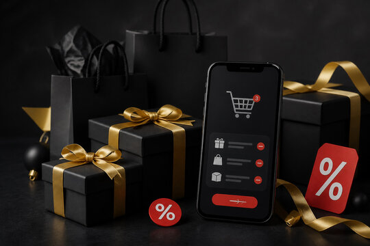 Luxury Black Friday Online Shopping Still Life with Smartphone, Gift Boxes, Black Bags, Gold Ribbon and Red Sale Accents on Charcoal Background