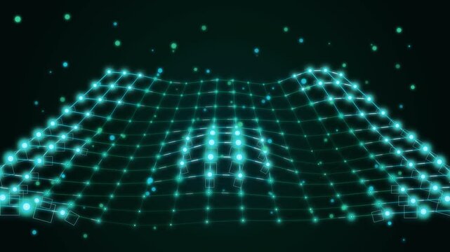 Abstract glowing cyan digital grid wave motion background with floating particles. Futuristic 3D wireframe mesh network animating seamlessly for big data technology and AI concept videos.