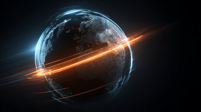 Glowing digital globe formed from floating light particles rotating with bright orange motion speed lines