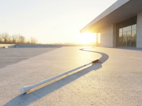 White mobility cane casting a long shadow shaped like a pathway toward a bright sunrise. 
