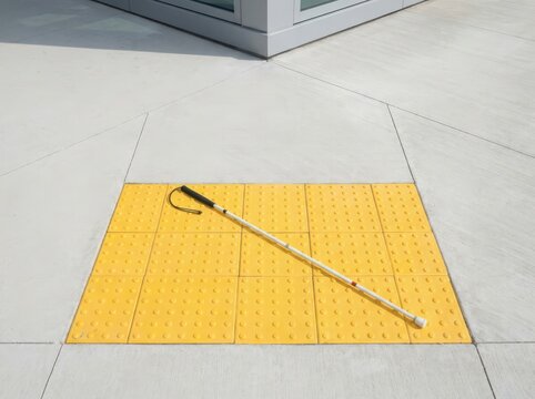 White mobility cane positioned over bright yellow tactile paving at an accessible pedestrian crossing.