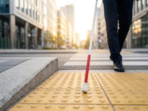 Close-up of a white mobility cane touching a modern pedestrian crosswalk. white cane safety day, White Cane Day background