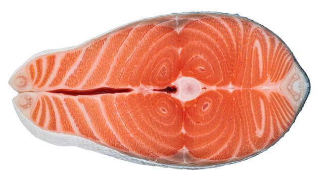 Fresh raw salmon steak with visible pink flesh and white fat lines, isolated on transparent background