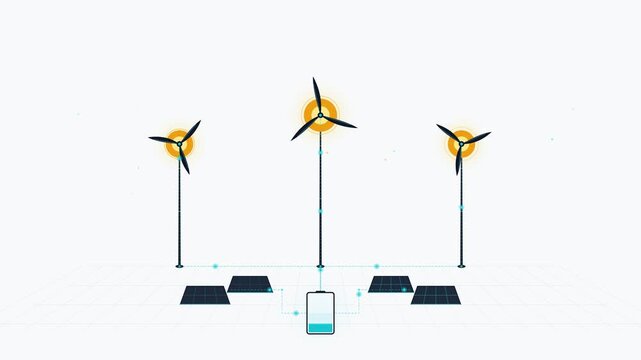 Renewable Energy Animation Showing Wind Turbines And Solar Panels Charging