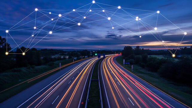 Long exposure highway traffic with glowing light trails under connected digital network
