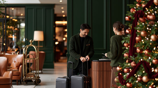 Guest checking in at a luxury hotel during the holiday season