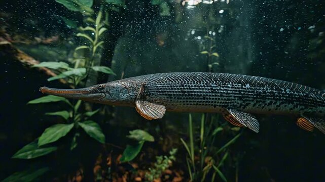 Alligator Gar Swimming Through Freshwater
