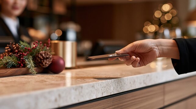 Hand holding card near counter with festive deco ns in background