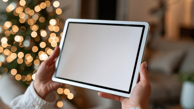 Hands holding a tablet with a blank screen in front of a blurred Christmas tree with lights