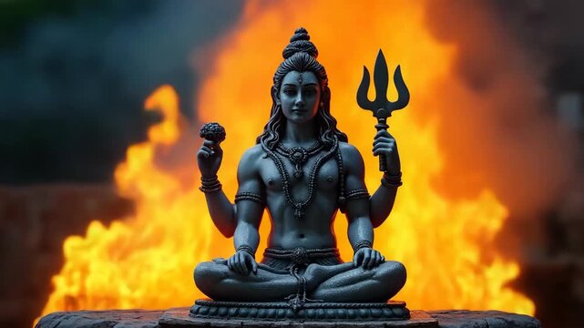 A detailed statue of Lord Shiva in meditative posture holding a trident and offering, set against a dramatic fire background. Symbol of spirituality, Hindu devotion, and divine power.