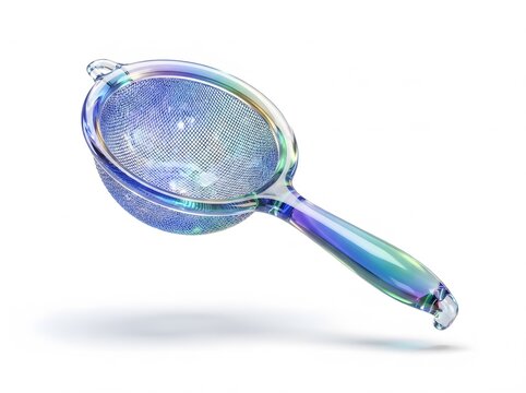 Rainbow iridescent fine mesh tea strainer with handle isolated