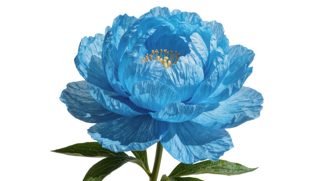 Vibrant blue peony flower with delicate petals and yellow stamen, isolated on transparent background